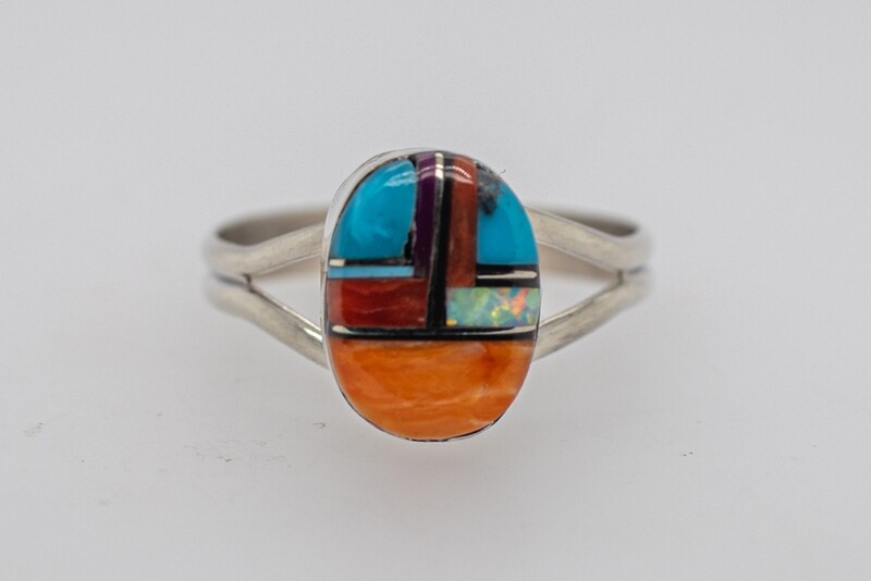 SILVER MULTI-STONE INLAY RING NAVAJO - VALERIE YAZZIE - SIZE 8.5