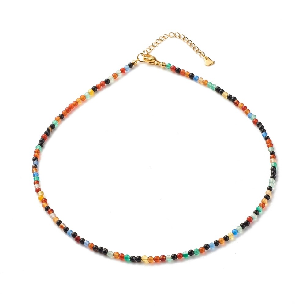 GOLD STAINLESS MIXED AGATE BEADED NECKLACE
