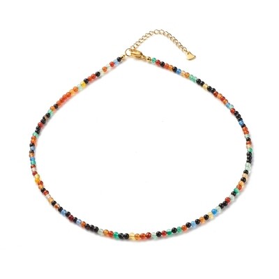 GOLD STAINLESS MIXED AGATE BEADED NECKLACE