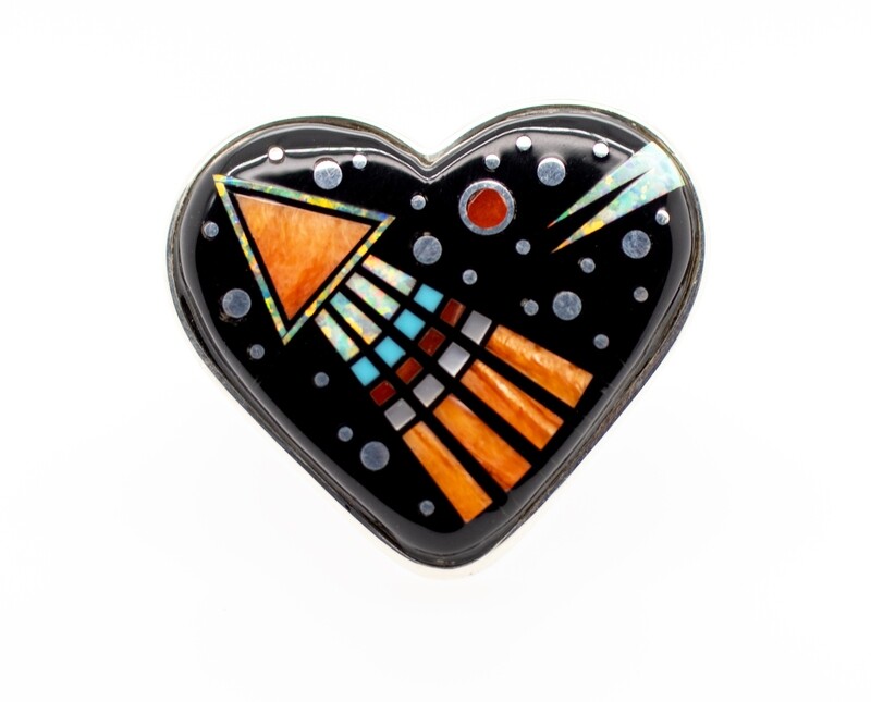 SILVER NIGHT SKY HEART INLAY RING - NAVAJO - MATTHEW JACK - SIZE 8.5
