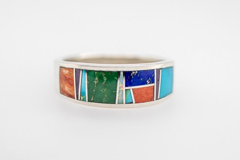 SILVER MULTI-STONE INLAY RING - NAVAJO - A T - SIZE 10.5