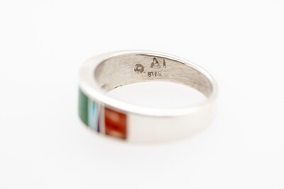 SILVER MULTI-STONE INLAY RING - NAVAJO - A T - SIZE 10.5