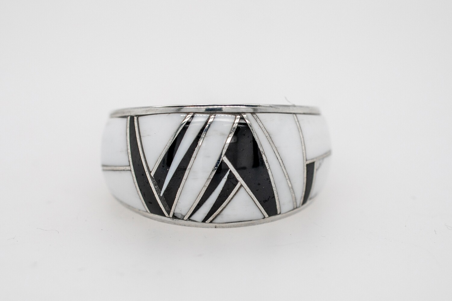 SILVER INLAY QUARTZ &amp; JET RING - NAVAJO - KAREN SKEET - SIZE 10