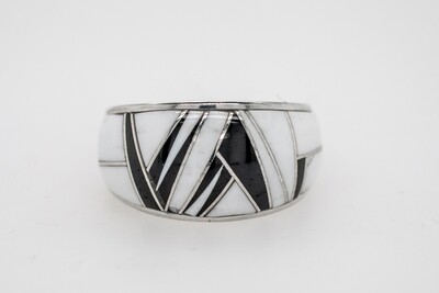 SILVER INLAY QUARTZ &amp; JET RING - NAVAJO - KAREN SKEET - SIZE 10