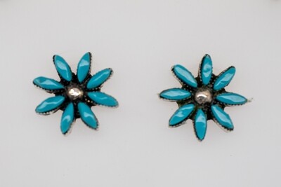 SILVER TURQUOISE FLOWER EARRINGS - ZUNI - JOHNSON LAWEKA