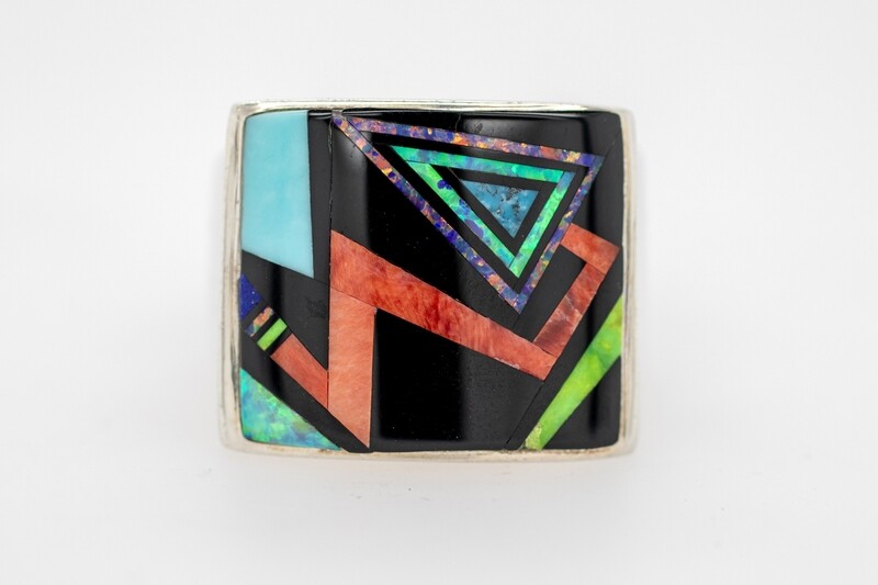 SILVER INLAY MULTI STONE RING - NAVAJO - R. JAMES - SIZE 13.5
