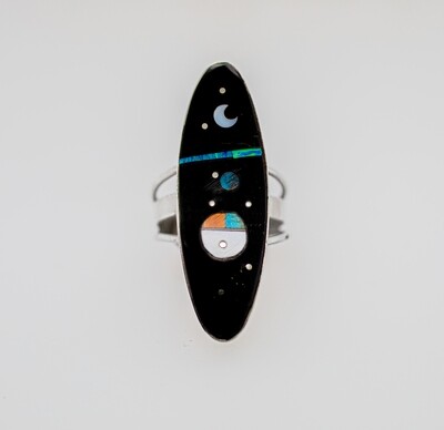 SILVER MULTI-STONE INLAY RING - NAVAJO - HAROLD SMITH - SIZE 8