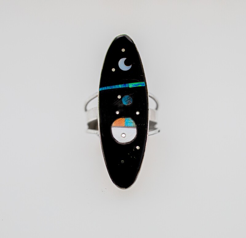 SILVER MULTI-STONE INLAY RING - NAVAJO - HAROLD SMITH - SIZE 8