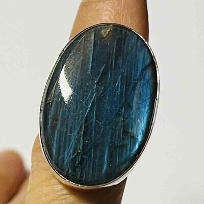 SILVER LABRADORITE LONG OVAL RING - ADJ