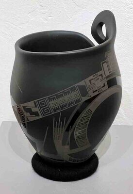 MATA ORTIZ BLACK CUT-OUT VASE-LYDIA QUEZADA CELADA-10.5" x 6.5"