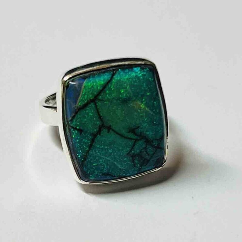 SILVER SPIDER-WEB OPAL RECTANGLE RING - ADJ