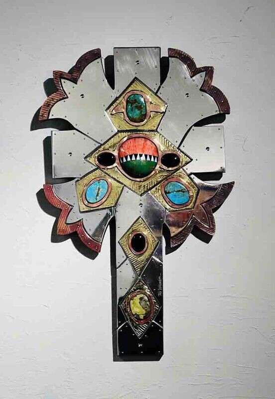 FRENCH CROSS 27&quot; x 17&quot; MIXED METALS SCULPTURE