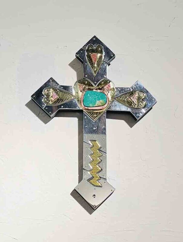 SACRED HEART CROSS 20&quot; x 14&quot; MIXED METALS SCULPTURE