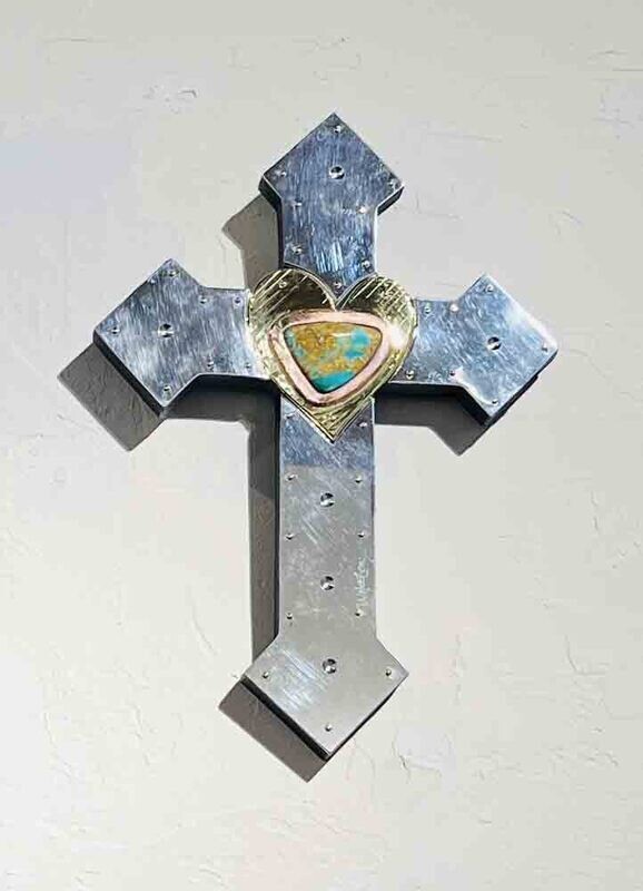TURQUOISE HEART CROSS 14&quot; x 10&quot; MIXED METALS SCULPTURE