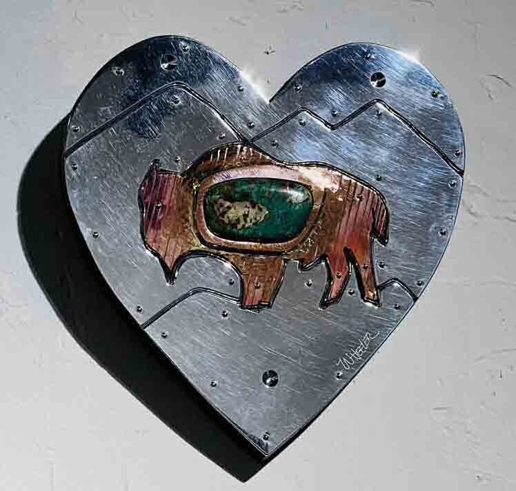 BUFFALO HEART 9&quot; x 8.5&quot; MIXED METALS SCULPTURE