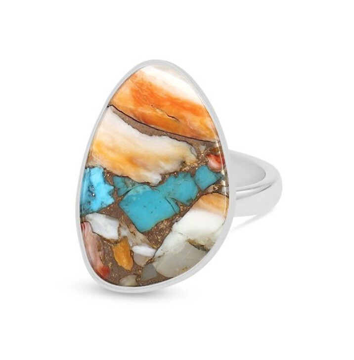 SILVER SPINY &amp; TURQUOISE ABSTRACT RING - ADJ