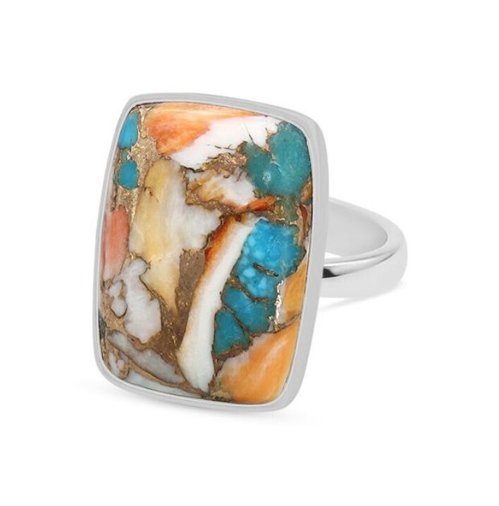 SILVER SPINY &amp; TURQUOISE RECTANGLE RING - ADJ