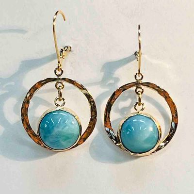 GOLD FILLED HAMMERED DISC LARIMAR EARRINGS