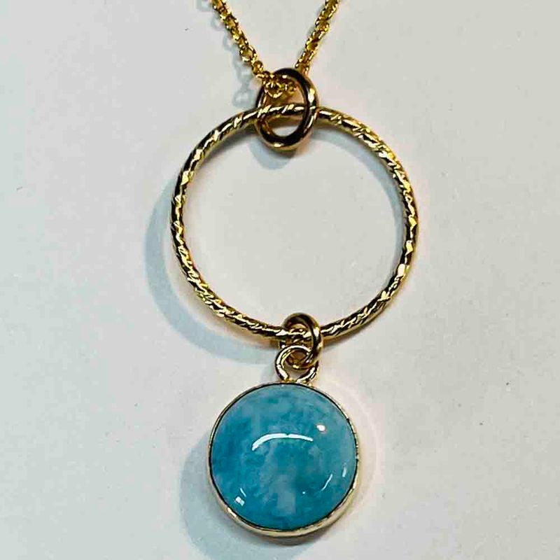 YELLOW GOLD-FILLED TEXTURED DISC LARIMAR NECKLACE