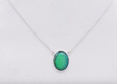 SILVER NATURAL OPAL SPIDER-WEB OVAL NECKLACE