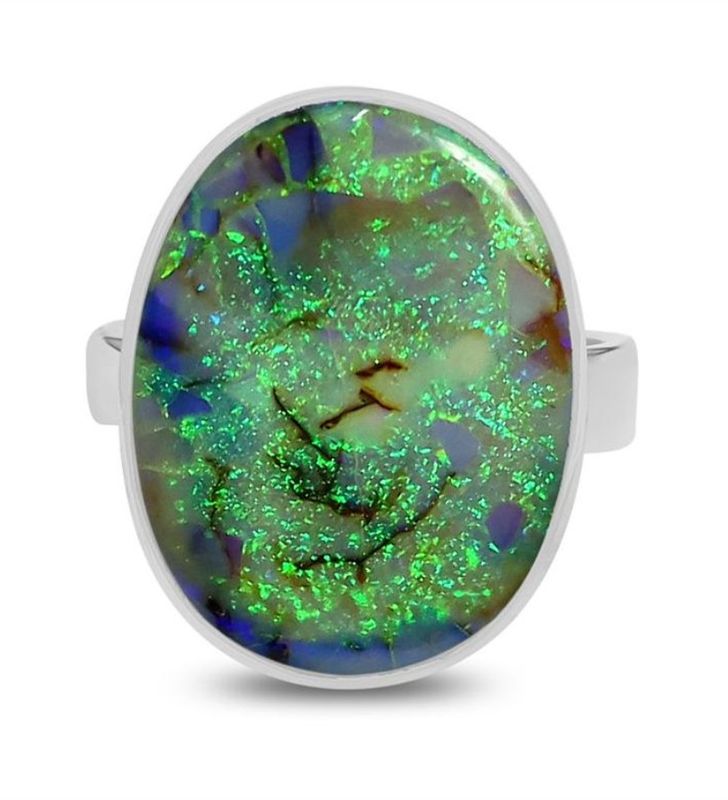 SILVER SPIDER-WEB OPAL OVAL RING-ADJ