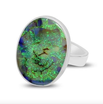 SILVER SPIDER-WEB OPAL OVAL RING-ADJ
