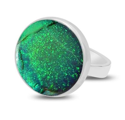SILVER NATURAL OPAL SPIDER-WEB ROUND RING-ADJ