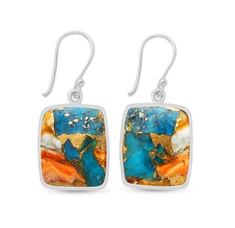 SILVER SPINY OYSTER TURQUOISE RECTANGLE EARRINGS