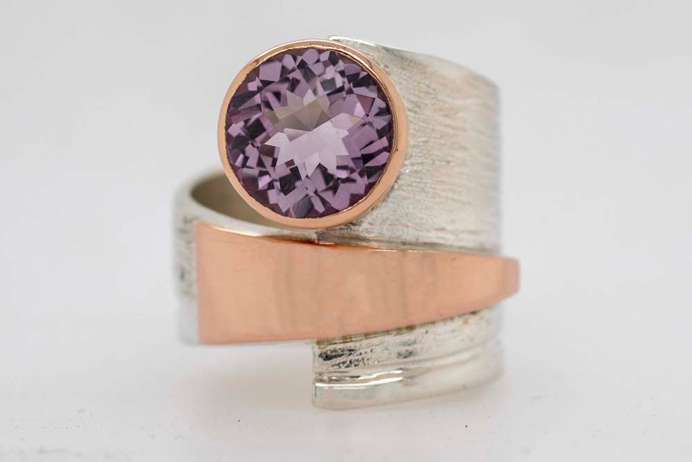 SILVER/14KT TEXTURED PINK AMETHYST  RING - SIZE 8
