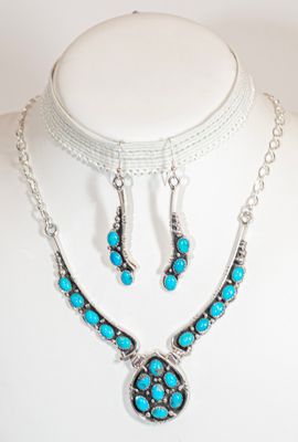 SILVER TURQUOISE NECKLACE &amp; EARRING SET - NAVAJO - EMER THOMPSON