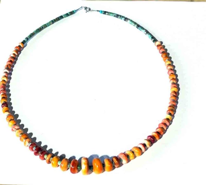 SILVER TURQUOISE & SPINY BEADED NECKLACE NAVAJO - CHARLENE LITTLE SILVER TURQUOISE & SPINY BEADED NECKLACE NAVAJO - CHARLENE LITTLE