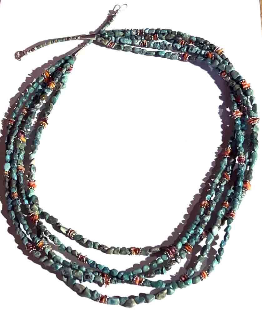 SILVER TURQUOISE &amp; SPINY BEADED NECKLACE NAVAJO - CHARLENE LITTLE