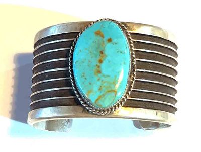 SILVER TURQUOISE CUFF BRACELET NAVAJO - DELBERT ARVISO