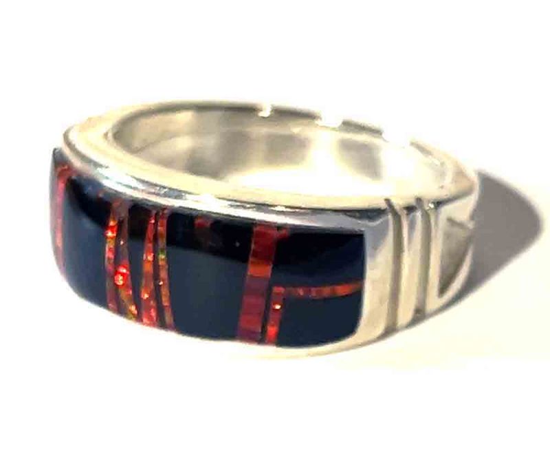 SILVER ONYX &amp; FIRE OPAL INLAY RING NAVAJO-RICK TOLINO-10