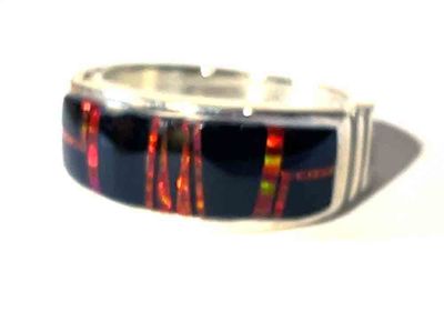SILVER ONYX &amp; FIRE OPAL INLAY RING NAVAJO-RICK TOLINO-10
