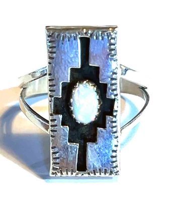 SILVER OPAL SHADOW-BOX RING NAVAJO-FELIX PERRY-9 SILVER OPAL SHADOW-BOX RING NAVAJO-FELIX PERRY-9