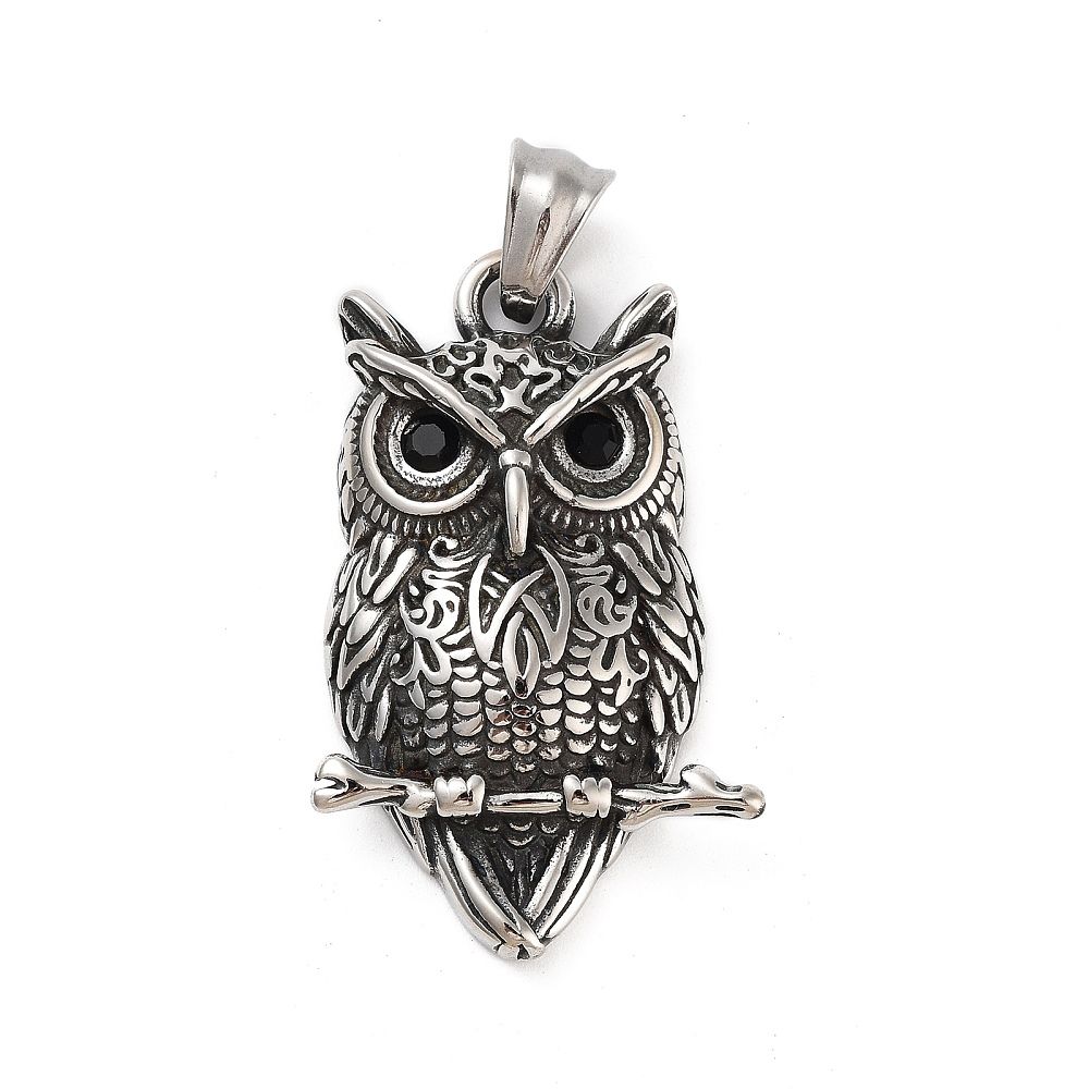 STAINLESS OXIDIZED OWL PENDANT FJP77