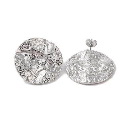 SILVER STAINLESS HAMMERED ROUND EARRINGS