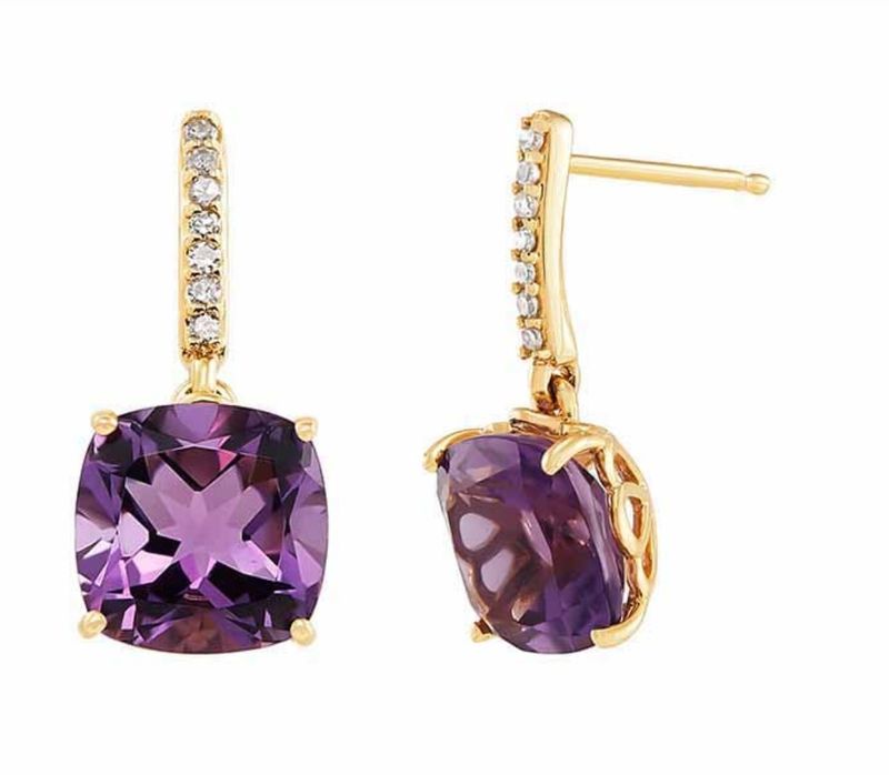 14K YELLOW GOLD AMETHYST &amp; DIAMOND EARRINGS