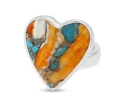 SILVER SPINY OYSTER &amp; TURQUOISE HEART RING-ADJ