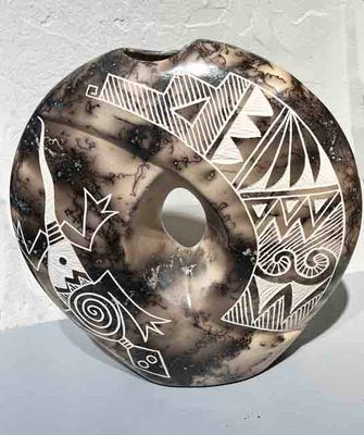 "LIZARD SWIRL VASE" Horsehair Etched Pottery NHP64 12x11x3 Acoma - Gary Yellow Corn