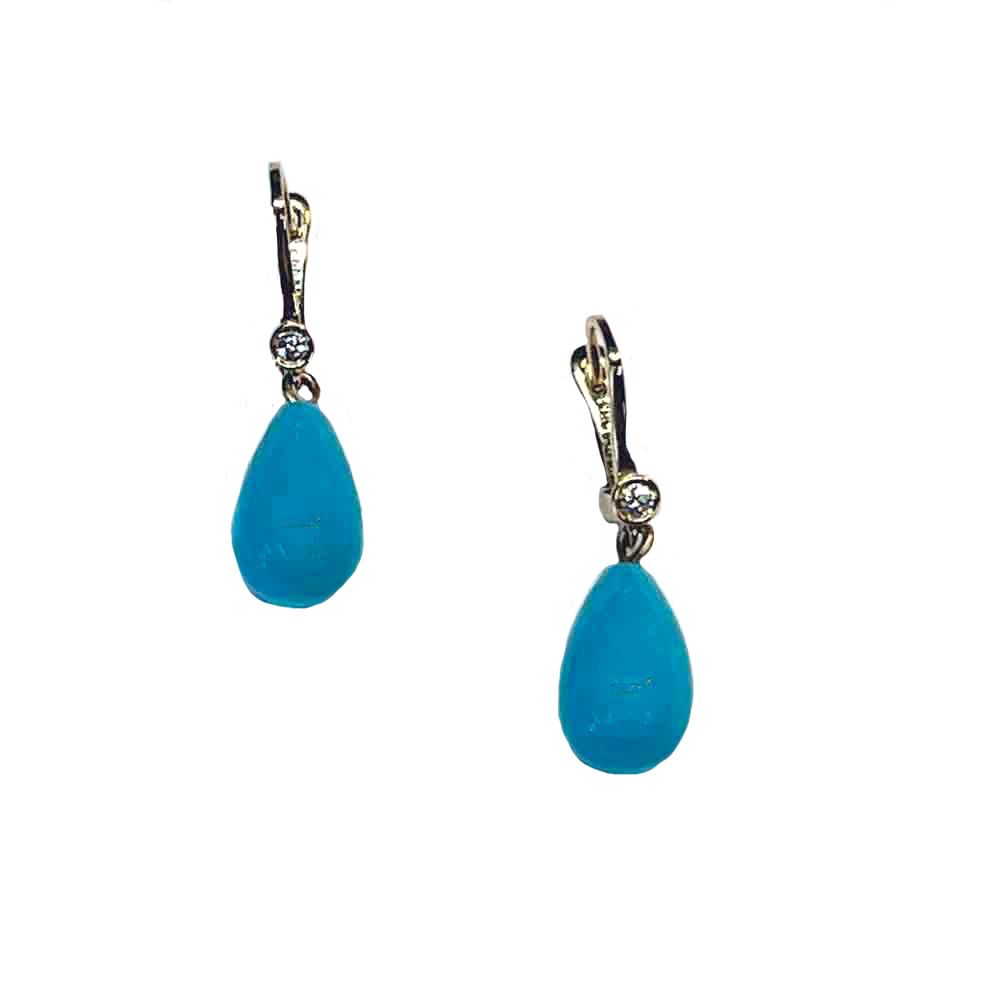 14K YELLOW DIAMOND &amp; TURQUOISE LEVER BACK EARRINGS