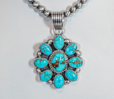 SILVER TURQUOISE FLOWER &amp; NAVAJO PEARL NECKLACE - NAVAJO - SHIRLEY HENRY