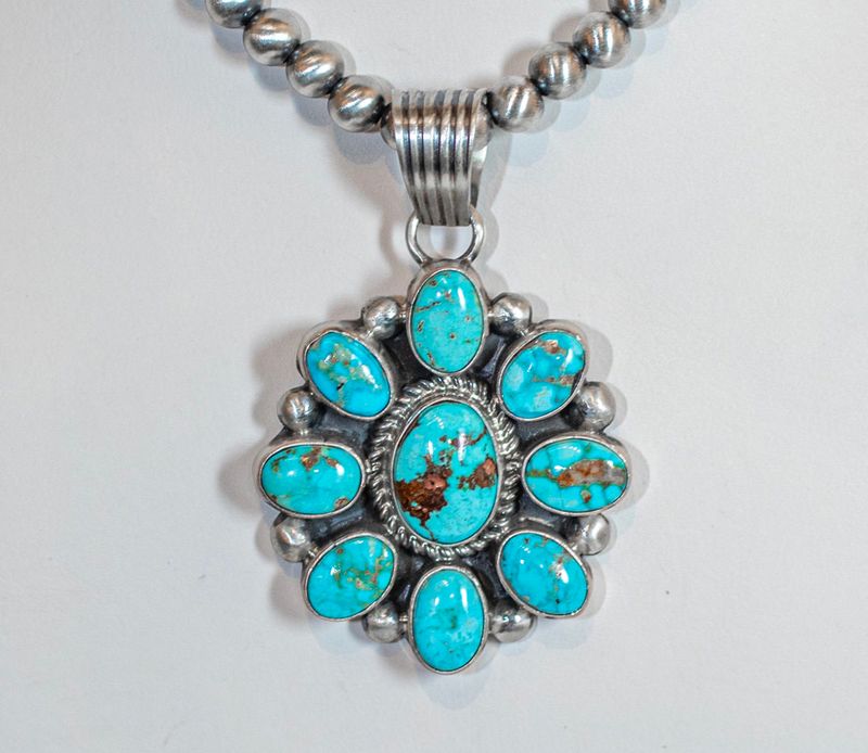 SILVER TURQUOISE FLOWER &amp; NAVAJO PEARL NECKLACE - NAVAJO - SHIRLEY HENRY