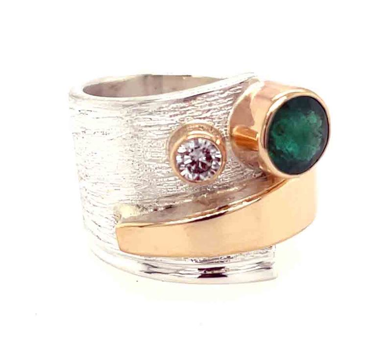 SILVER/14K EMERALD &amp; DIAMOND WRAP RING - SIZE 7.5