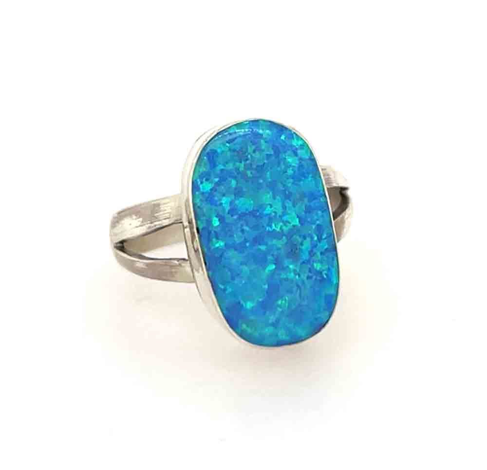 SILVER BLUE OPAL RING - NAVAJO - VICTOR THOMPSON - SIZE 8