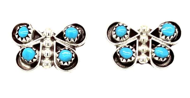 SILVER TURQUOISE BUTTERFLY EARRINGS - ZUNI - CHARLYNN CACHINI SILVER TURQUOISE BUTTERFLY EARRINGS - ZUNI - CHARLYNN CACHINI