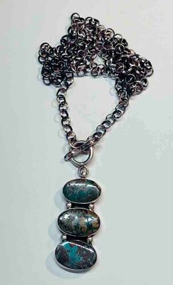 SILVER 3-STONE TURQUOISE NECKLACE - NAVAJO - RUSSELL SAM SILVER 3-STONE TURQUOISE NECKLACE - NAVAJO - RUSSELL SAM