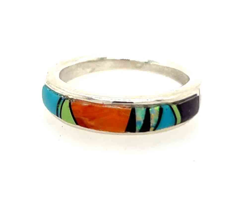 SILVER MULTI-STONE INLAY RING - NAVAJO - AT - SIZE 9