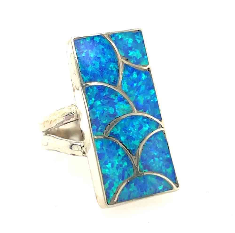 SILVER BLUE OPAL INLAY RING - ZUNI - LORETTA JOHNSON - SIZE - 6.6